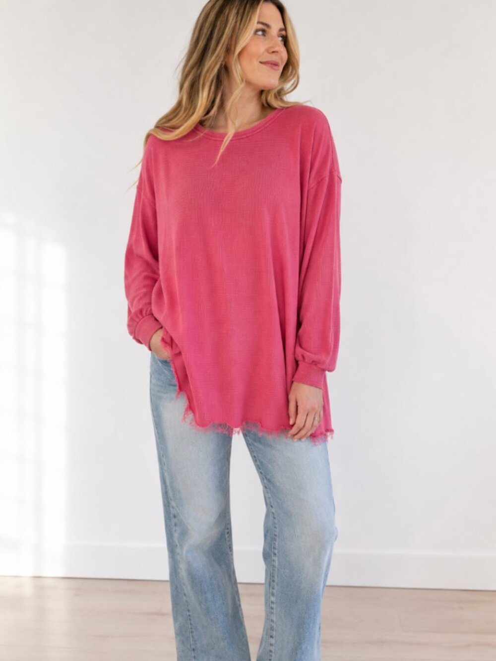 Free People We The Free Pink Oversized Raw Hem Long Sleeve Top M
